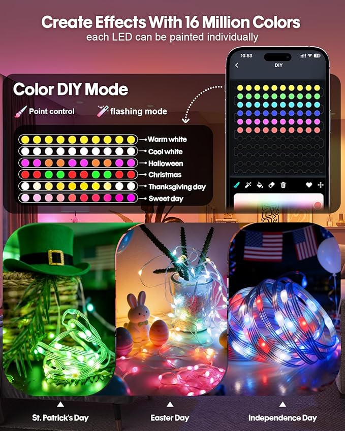 Smart Fairy String Lights 66Ft 200LEDs, Color Changing String Lights w/Remote & App Control, Multicolor Dynamic DIY RGB-IC Twinkle Light for Bedroom, Christmas, Party, Wedding Indoor Decor