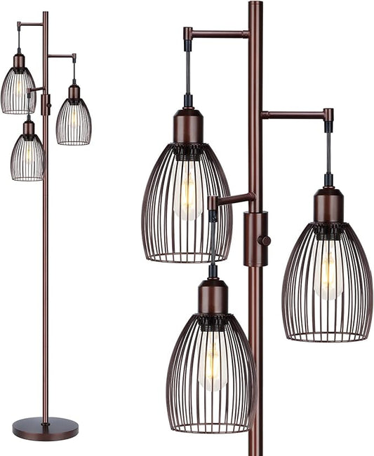 Torondo Dimmable Floor Lamp, Industrial Floor Lamps for Living Room, Brown Tree Lamp Standing Lamp Tall Lamps with 3 Elegant Teardrop Cage Head & 800 Lumens LED Bulbs for Living Room Bedroom Office