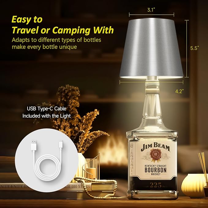 2025 New Wireless Bottle Lamp - LED Bottle Lights for Liquor & Wine Bottles, Cordless Lampshade, Whiskey Bottle Top Light, Bottle Stopper Night Light Kit, Rechargeable RGB Remote & Touch-Dimmable