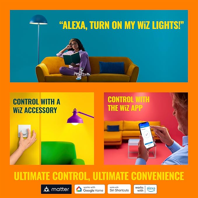 WiZ Connected Smart Light Bulbs, 4-Pack, Full Color A19 60W 800LM E26 LED Lights, Sunset/Sunrise Automation, Smart Bulbs with Motion Detection, Control with Voice or App