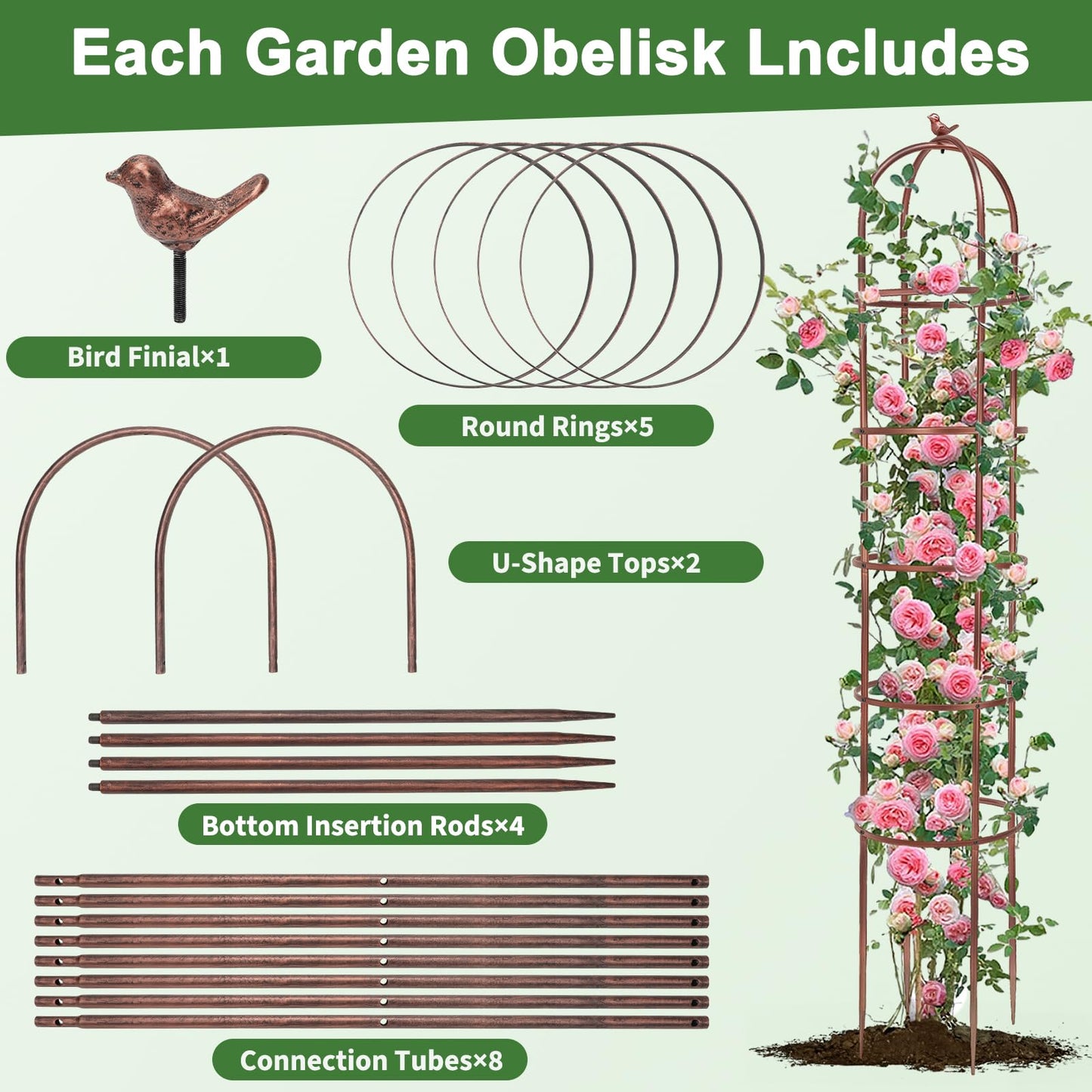 HEYTIMI 1 Pack 7Ft Heavy Duty Metal Garden Obelisk Trellis for Climbing Plants, Rust-Resistant Steel Vine Support Bird Finial for Rose Clematis, Potted Flowers Stand Indoor Outdoor Decor (Rose Gold)