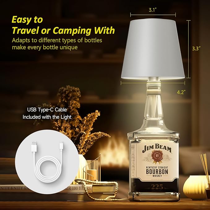 2025 New Wireless Bottle Lamp - LED Bottle Lights for Liquor & Wine Bottles, Cordless Lampshade, Whiskey Bottle Top Light, Bottle Stopper Night Light Kit, Rechargeable 3-Tone Touch-Dimmable