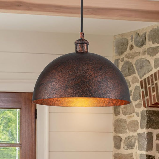 11.8” Industrial Metal Dome Pendant Light, Rust Industrial Pendant Lights for Kitchen Island, Dimmable Hanging Light Fixtures Compatible for Kitchen Island, Dining Room