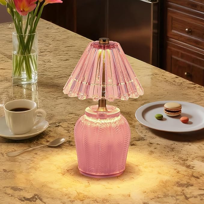 Small Battery Operated Lamp with Timer, Tiny Cordless Glass Table Lamp for Home Decor, Kitchen, Bathroom, Birthday Gift for Women, Cream Pink