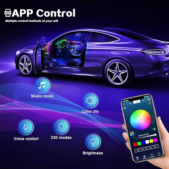 Dreamcolor Acrylic Interior Car LED Strip Light with Wireless APP, RGB 14 in 1 with 175 inches 593 Neon Car Ambient Lighting Kits, Dynamic Chasing Music Sync LEDs Fiber Optic Strip Lights for Car