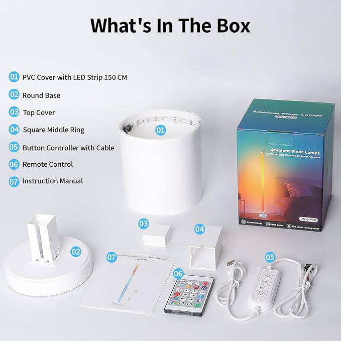DIY Corner Floor Lamp with Remote Control, RGB Corner Lamp 59 IN (150 CM), LED Smart Standing lamp Light with Music Sync, 16 Million Colors, Ambient Lighting for Bedroom/Living Room/Game Room