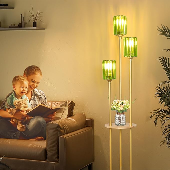 HMVPL Gold Floor Lamp for Living Room, Vintage Floor Lamp with Wood Shelf, Mid Century Standing Lamp with Table, Modern Tall Lamp with Green Crystal Shade, On/Off Switch, Boho Corner Lamp for Bedroom