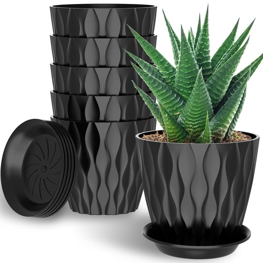 GDJUQZ 6 Pack 7 Inch Indoor Plant Pots with Drainage Holes, Outdoor Plastic Decorative Flower Pots, Garden Planters with Tray Saucers for Orchids, Violets, Succulents, Herbs, and Other Plants
