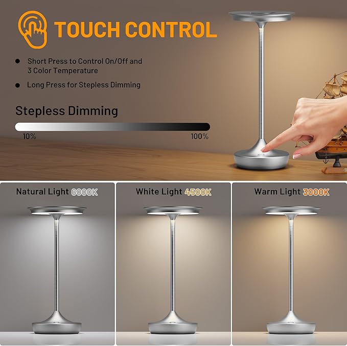 LED Cordless Table Lamps Rechargeable - Outdoor 6000mAh Battery Operated Portable Tables Light 3 Color Stepless Dimming Lamp with Memory Function for Patio Restaurant Dining Silver