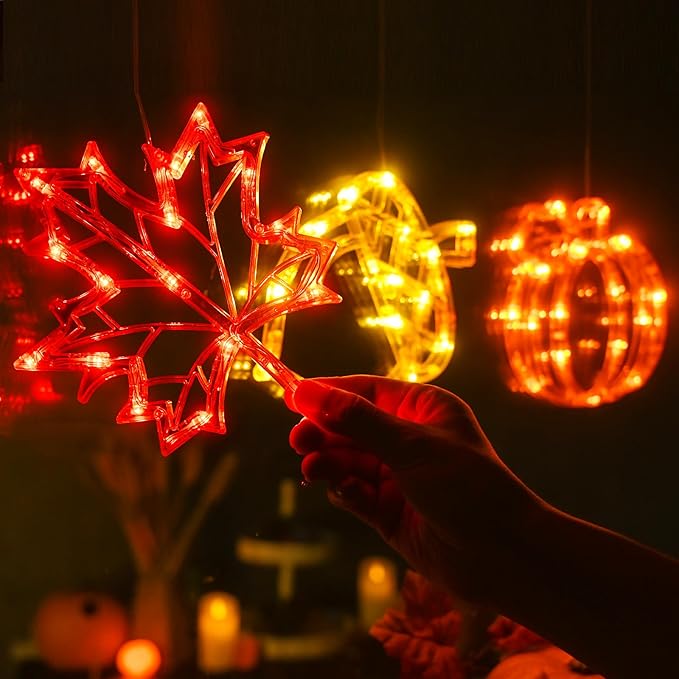 LOLStar Fall Decor Window Lights 2026 Thanksgiving Decorations Acorn Maple Leaves Pumpkin LED Lights with Suction Cups Battery Operated(Exclusive) Slow Fade Mode Timer Autumn Decorations for Home