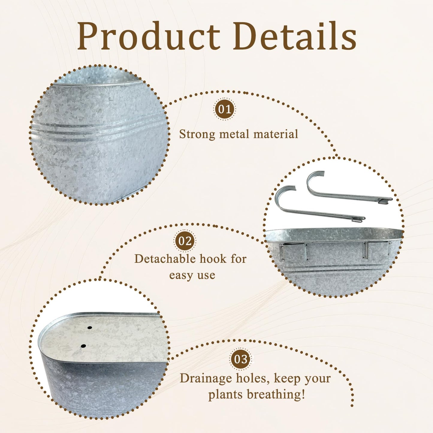 Joyfernal Balcony Galvanized Hanging Planters Railing Flower Pots, Outdoor Metal Fence Planter Pot with Detachable Hooks Drain Hole for Garden Patio Yard Decor (17 Inch, 6Pcs)