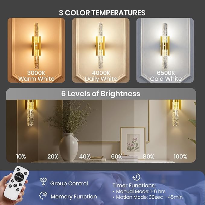 Motion Sensor Wall Sconces Battery Operated Set of 2, Rechargeable Wall Sconce, 3CCT Battery Wall Sconce, 12000mAh Dimmable with Remote for Bedroom, Living room, Hallway (15.3 inch - Gold - 2 Pack)