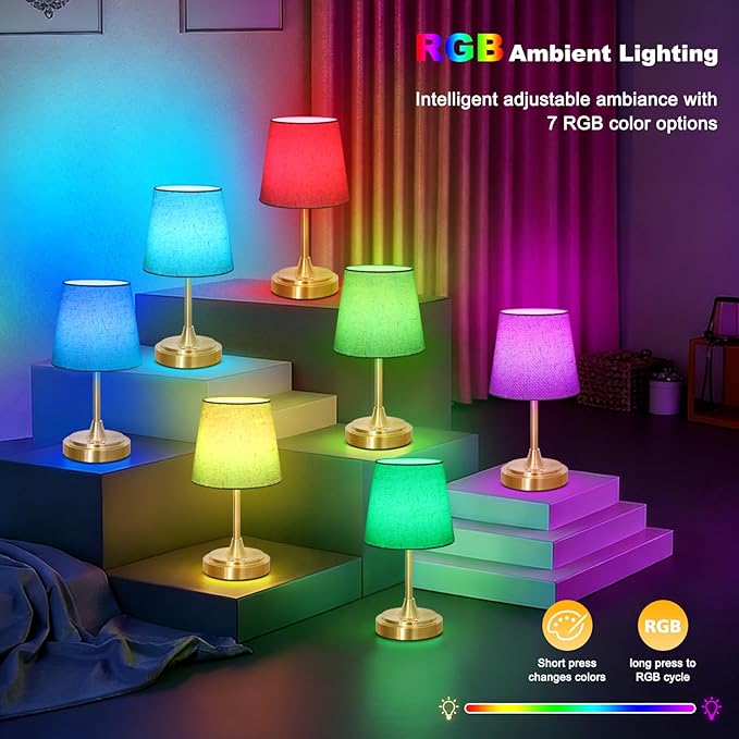 Small Cordless Table Lamp Rechargeable,5000mAh Battery Operated Desk Lamp,3 Colors & 7 RGB Stepless Dimmable,Touch Ambient Light for Bedside,Bedroom,Dining Room,Living Room,Gold,FlaxenShade