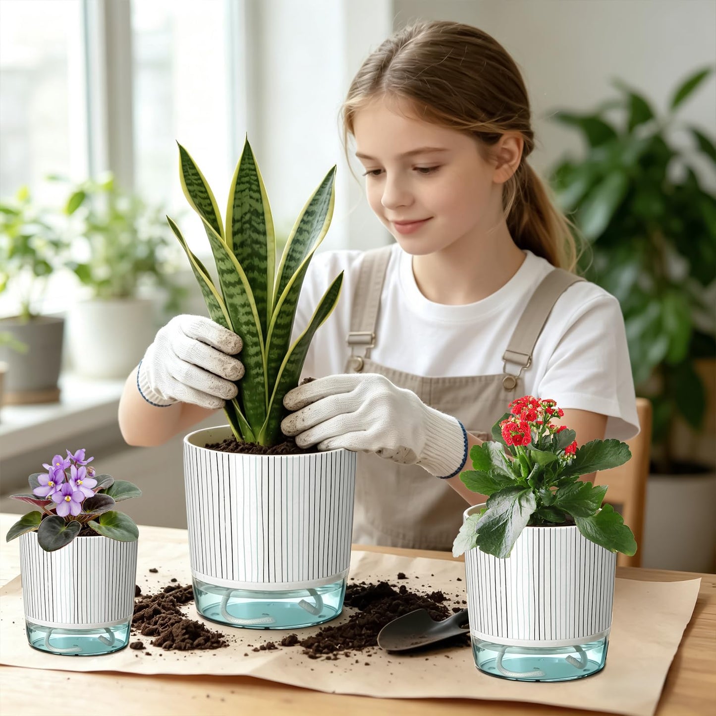 Samhe 3 Pack Self Watering Pots for Indoor Plants, 4+5.5+6.3 Inch Self Watering Plant Pots, Flower Pots with Wick Rope and Reservoir - Black Stripes