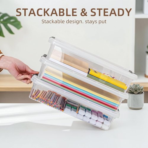 Citylife 3 PCS Plastic Storage Bins - Stackable Clear File Boxes with Latching Lids for A4 Paper & Documents