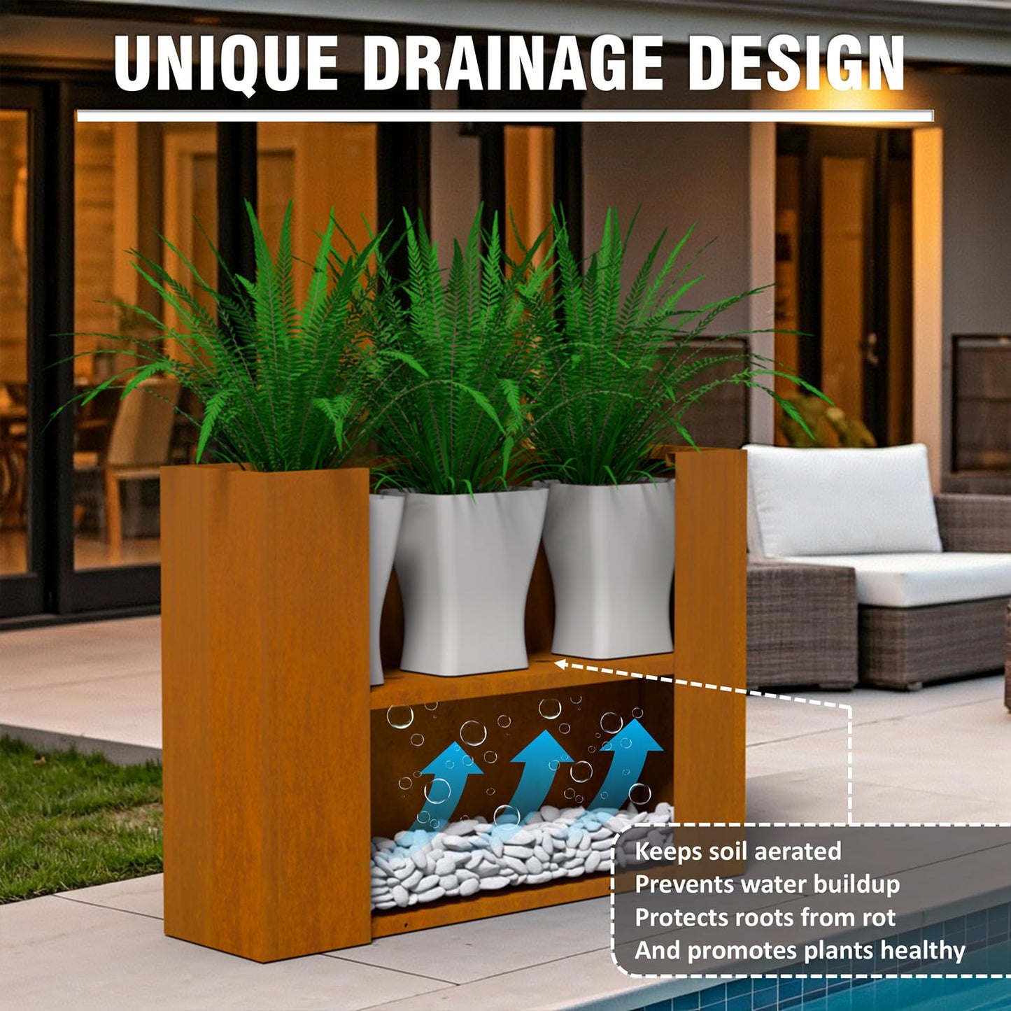 WIZWERK Modern Metal Planter Box 36" L x 9" W x 26" H – Rectangular Cor-Ten Steel Raised Garden Bed with Drainage Holes & Removable Shelf – Outdoor & Indoor Flower Planter for Patio, Yard & Porch