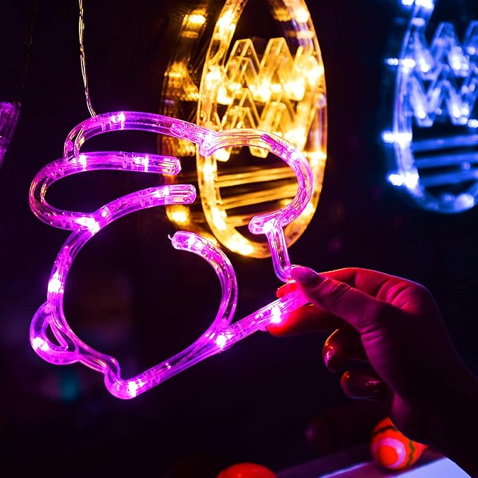 LOLStar Easter Window Decorations, Window Lights, 3 Pack Easter Egg and Bunny Shaped Pink Yellow Blue Hanging String Lights with Suction Cup, Battery Operated Indoor Lights for Home Decor