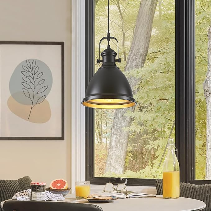 Farmhouse Pendant Lights Kitchen Island, 8.6 inches Matte Black Pendant Light Fixtures, Modern Kitchen Pendant Lighting, Industrial Light Fixture for Kitchen Island Dining Room, 1 Pack