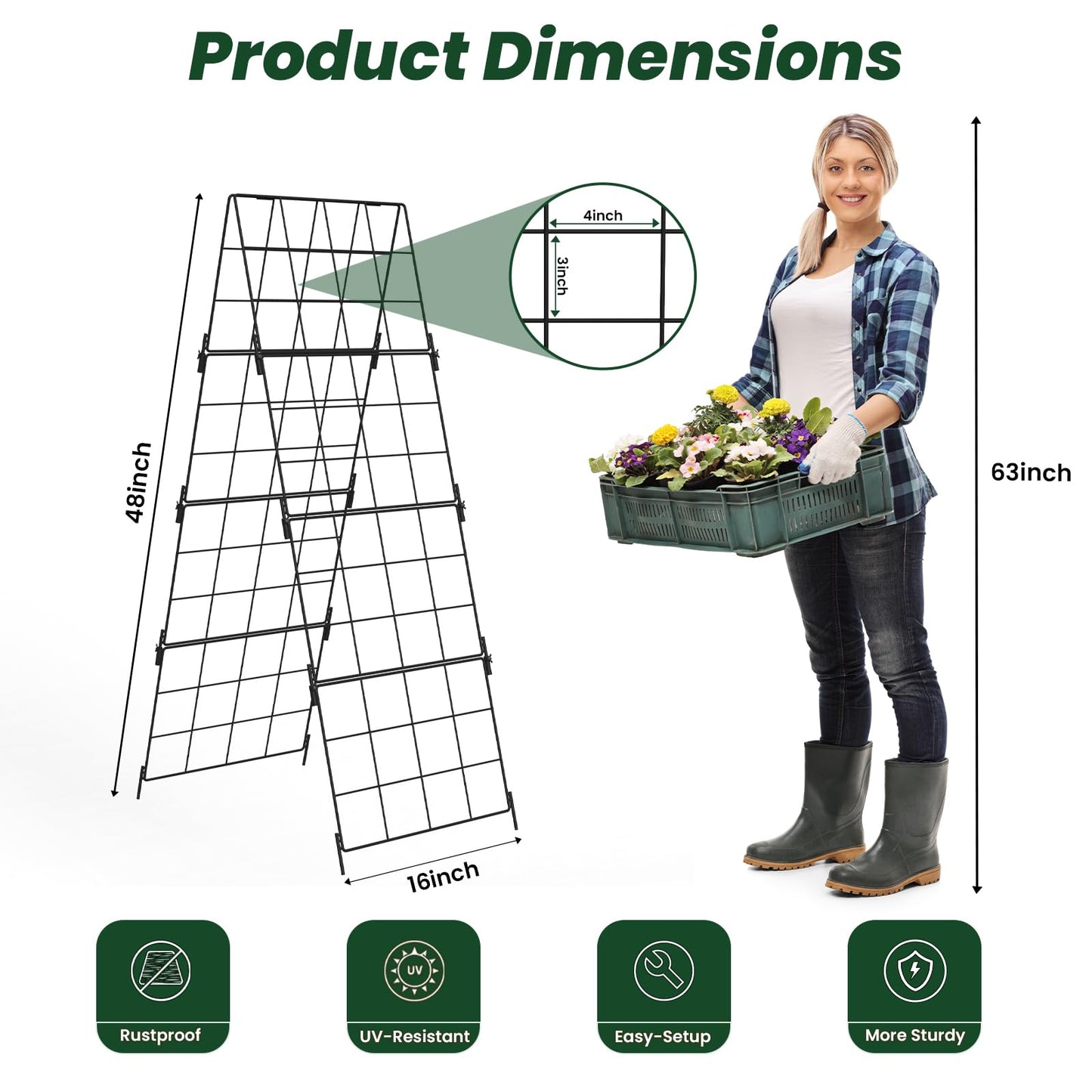 Adjustable A-Frame Trellis for Climbing Plants Outdoor, 48"x16" Cucumber Trellis for Raised Bed, Metal Garden Trellis with Grid Design, Tomato, Grape, Bean, Pea, Squash, Vegetable Trellis (Black)