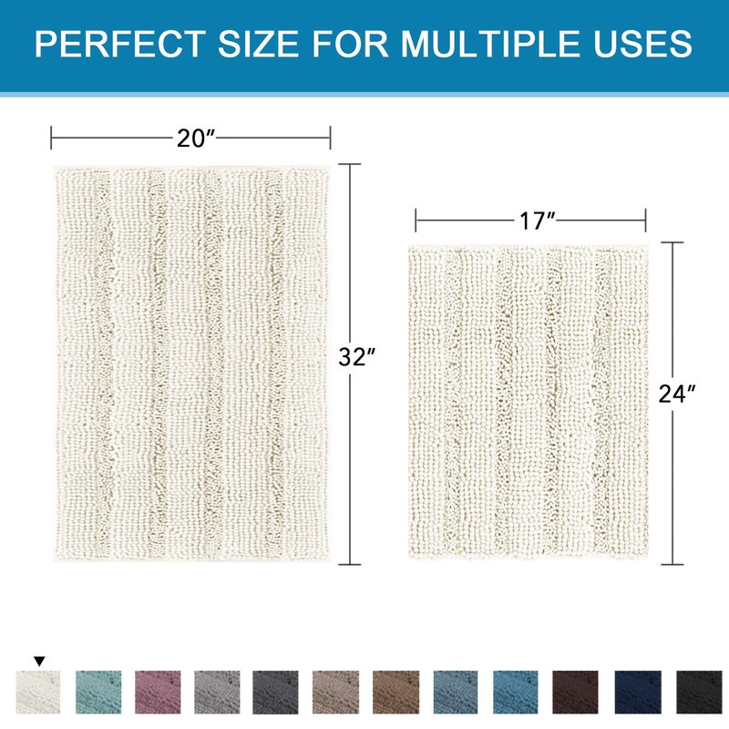 Non Slip Thick Shaggy Chenille Bathroom Rug Mat Set Extra Soft and Absorbent Striped Floor Rugs, 2 Piece, Machine-Washable