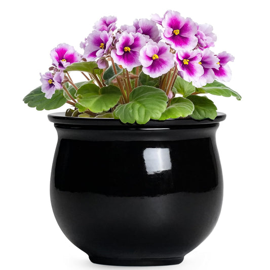 Teagas Ceramic African Violet Self Watering Pots, 6 Inch Self Watering Plant Pot with Absorbent Inner Pot, Flower Pots for Indoor Plants, Round Ceramic Planter, Home Decor, Plant Lover Gifts, Black