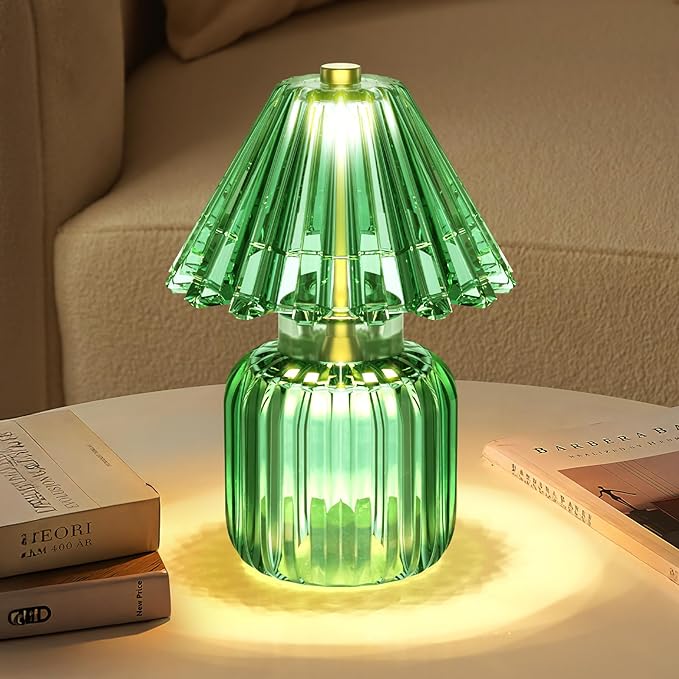 Small Battery Operated Lamp with Timer, Tiny Cordless Glass Table Lamp for Home Decor, Kitchen, Bathroom, Birthday Gift for Women, Jelly Green