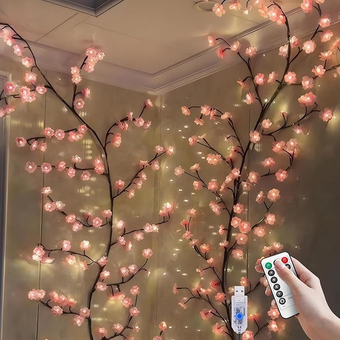 7.55 FT 144 LED Cherry Blossom Tree Branch Lights for Wall,8 Modes Pink Cherry Blossom Lights with Remote Timer,Willow Vine Lights for Bedroom decor,Light Up Cherry Blossom Decor,Holiday Birthday Gift