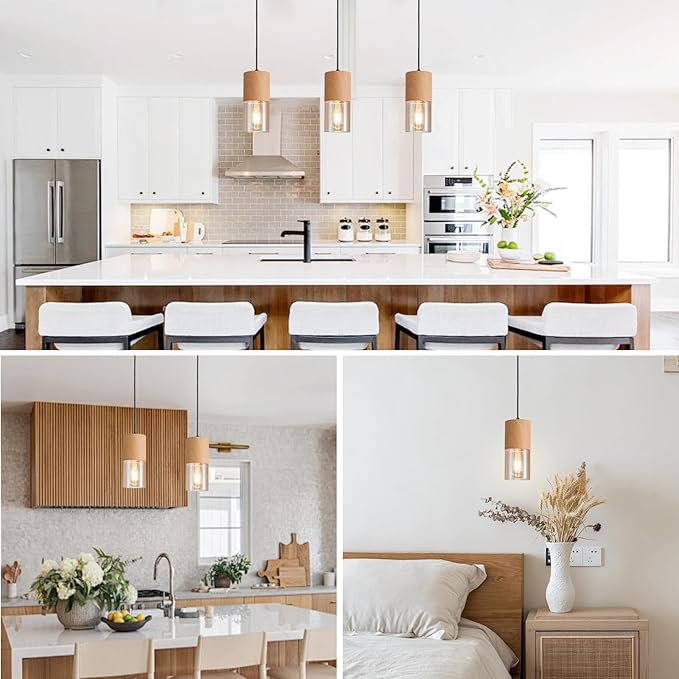 3-Pack Gold Pendant Lights for Kitchen Island, Adjustable Modern Pendant Light Fixtures with Raw Wood Grain, Industrial Amber Glass Pendant Lights for Dining Table Hallway Bedroom Living Room