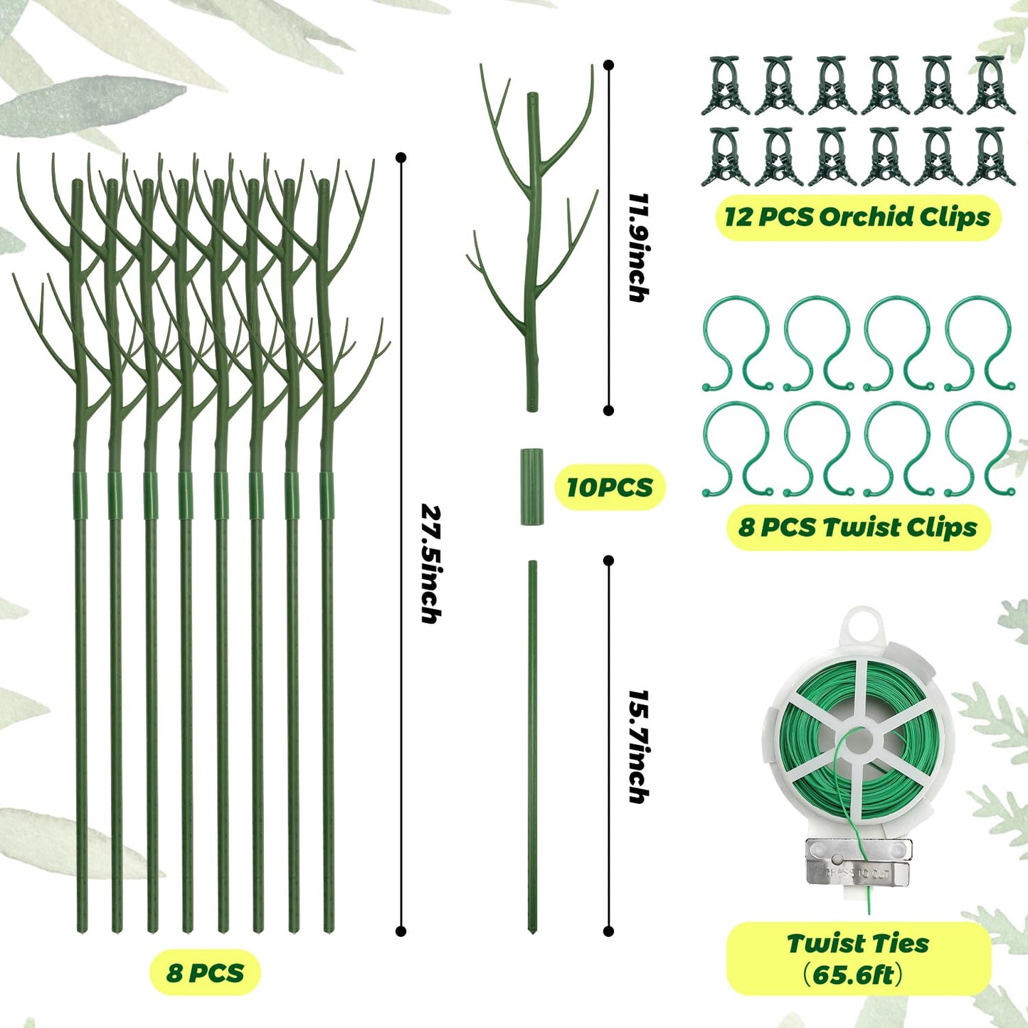 8 Pack Monstera Plant Support Stakes, 27.5inch Detachable Twig Plant Support Stakes with 12 Orchid Clips, 8 Twist Clips 65ft Twist Ties - Ideal Plant Stakes for Indoor Outdoor Plants
