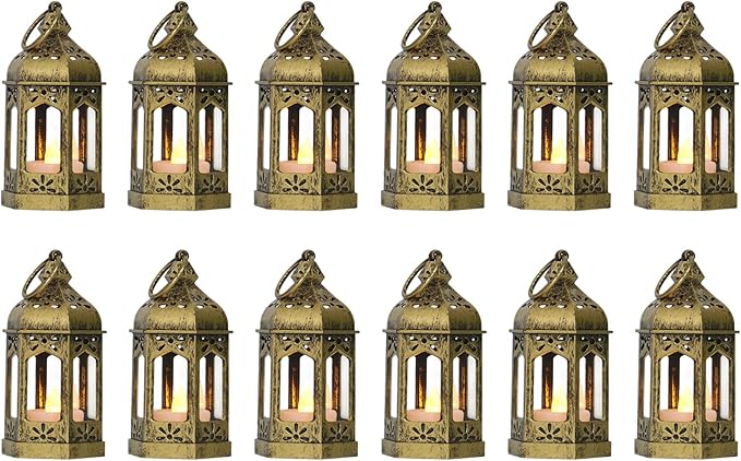 LLQ 12Pcs 5-Inch Ramadan Mini Lanterns - Ramadan & Eid Mubarak Decorations - Vintage Table Centerpieces for Wedding&Christmas Decor - LED Flickering Lantern Light for Hang Ornaments(Brushed Brass)