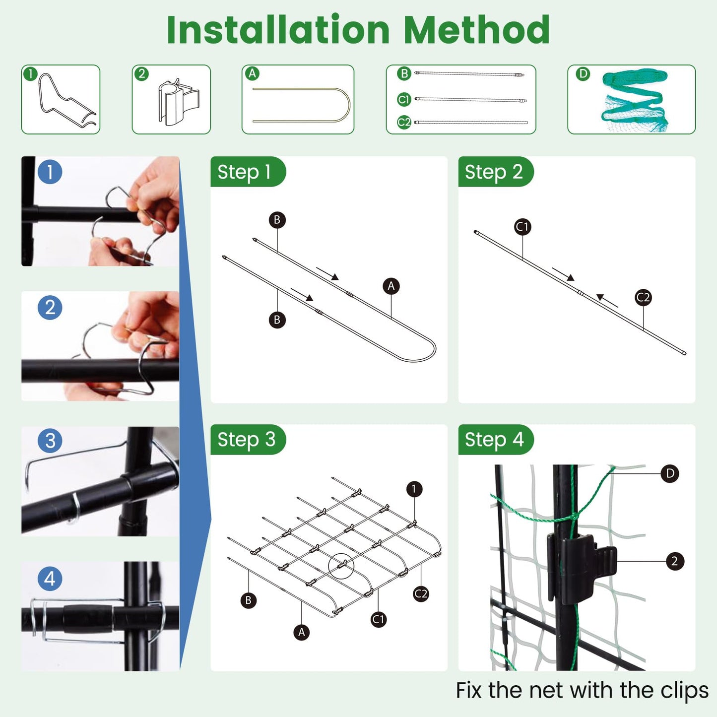 CHEFJOY 71” x 71” Trellis for Climbing Plants Outdoor, U-Shaped Metal Garden Arched Trellis with Netting, Sure-Clips & Ground Stakes, Cucumber Trellis for Vegetable Fruit Flower Vine