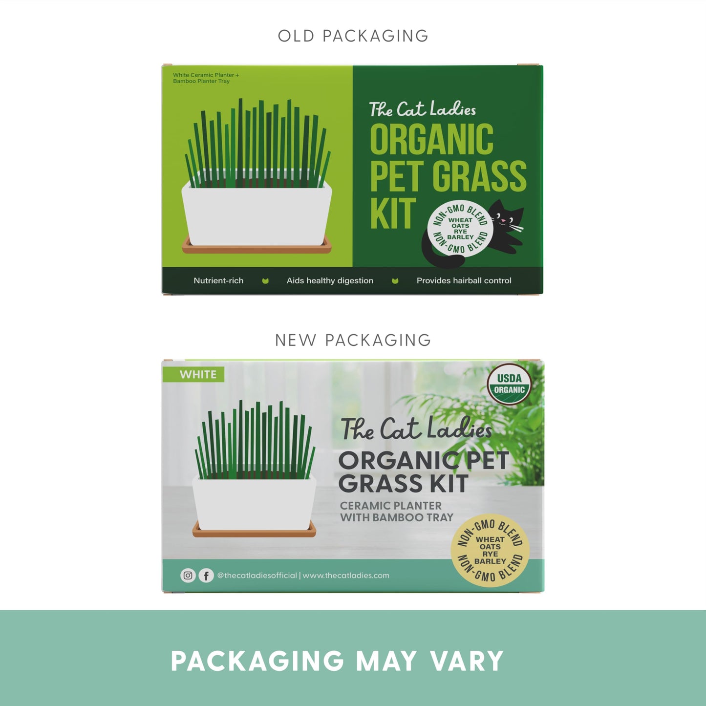 The Cat Ladies Organic Cat Grass Growing kit with Organic Seed Mix, Soil and Ceramic Planter with Bamboo Tray. Natural Hairball Control and Remedy for Cats