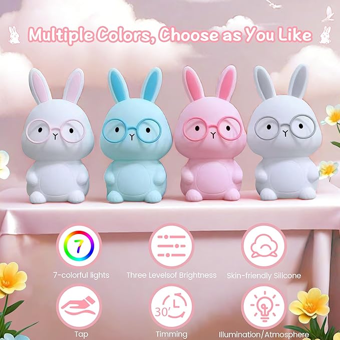 Bunny Night Light for Kids, Soft Silicone Nursery Lamp, 7-Color Glow, 3-Level Dimmable Warm Light, Tap Control, 30Min Timer, Rechargeable, BPA-Free, Easter & Birthday Gift, Baby Room Decor, Green