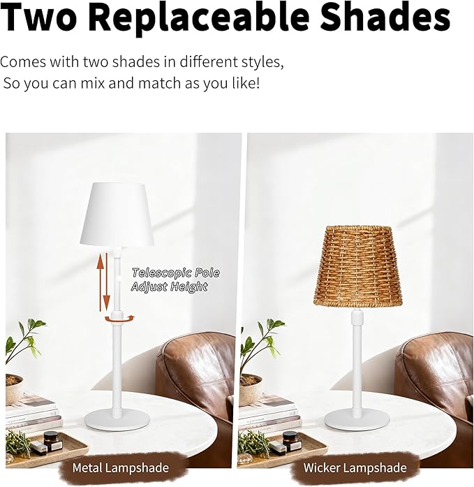 Mr.White Outdoor Waterproof Rechargeable Cordless Table Lamp with Telescopic Pole & Wicker Shade, 5200mAh Battery Operated Table Light with Touch Control, for Patio Restaurant Kitchen (White)