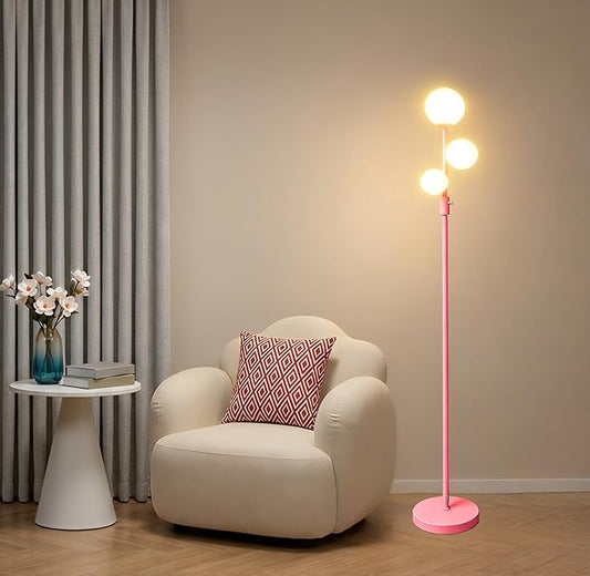 Fiqevs Modern Pink Globe Floor Lamp with Frosted Glass Shade and LED Bulbs, Dimmable Elegant Standing Lamp with Foot Pedal, Tall Pole Lamp for Girls Room, Bedrooms, Office