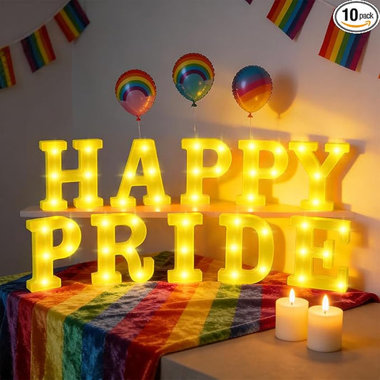 10 Pcs Happy Pride Decorations Pride LED Letter Sign Battery Powered Rainbow Party Deco Transgender Pansexual Bisexual LGBT Gay Table Decorations for Party Supplies