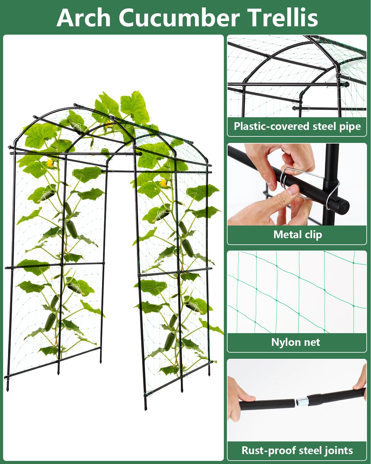 FAHKNS Garden Arch Trellis 7FT Extra Tall, Garden Trellis for Climbing Plants Outdoor, Polyethylene-Coated Stainless Steel Cucumber Trellis with Clips Trellis Netting