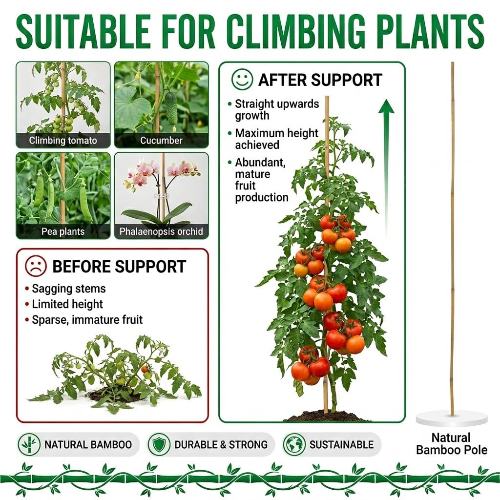 Plant Stakes Natural Bamboo Sticks - 20 Pcs Bamboo Garden Stakes for Plants 4.8 FT Plant Support Sticks with Twist Ties for Tomatoes Beans Flowers Indoor Outdoor Potted Climbing Plants