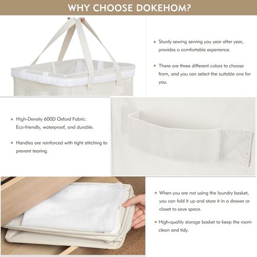 DOKEHOM X-Large 90L Laundry Basket - Collapsible Rolling Hamper with Removable Wash Bag | Beige