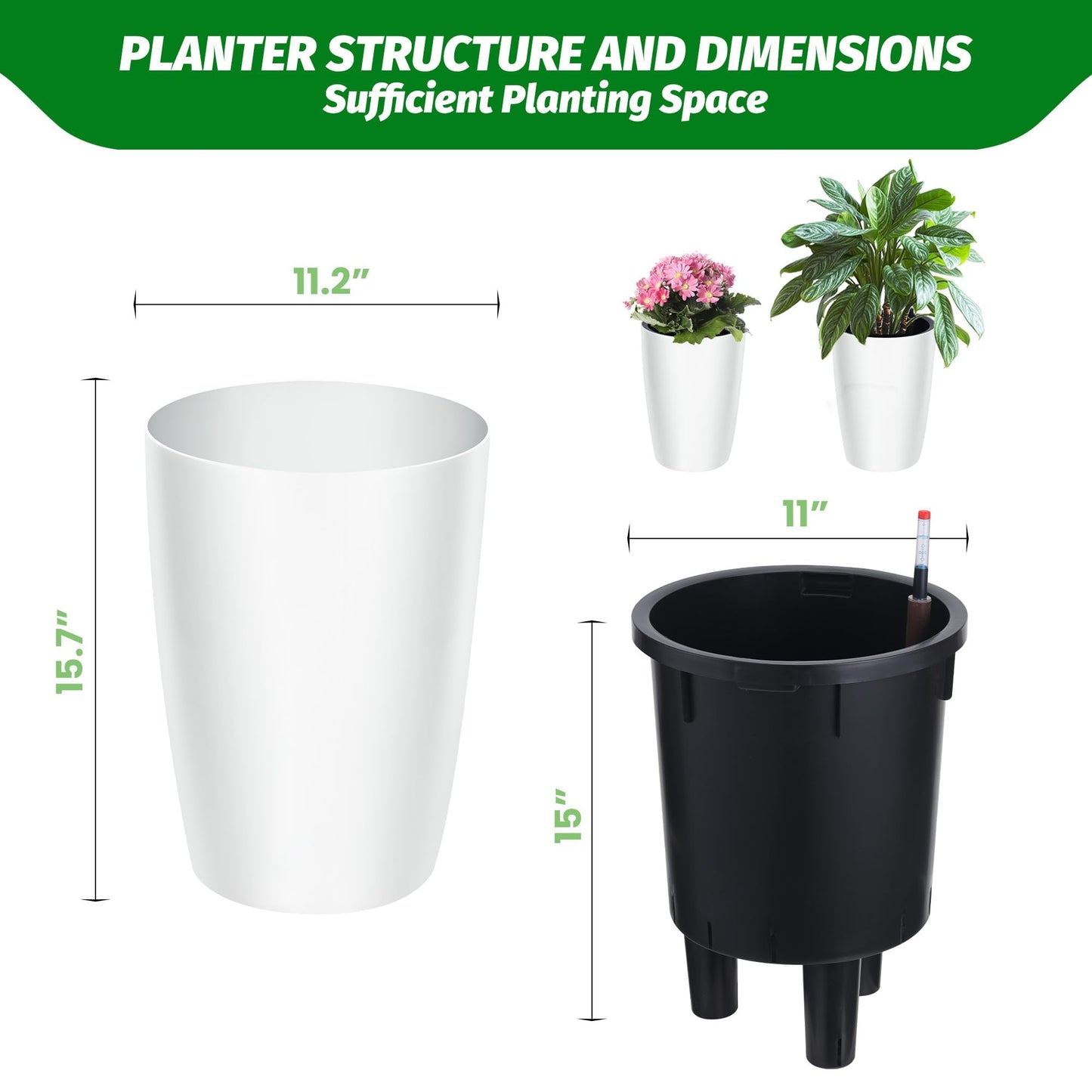 16" Tall Planter Set of 4, Self Watering Pots, Large Planter for Indoor Outdoor Plants, Built-in Drainage and a Water Level Monitor, Tall Planters for Patio, Porch, Living Room, Home Office, White