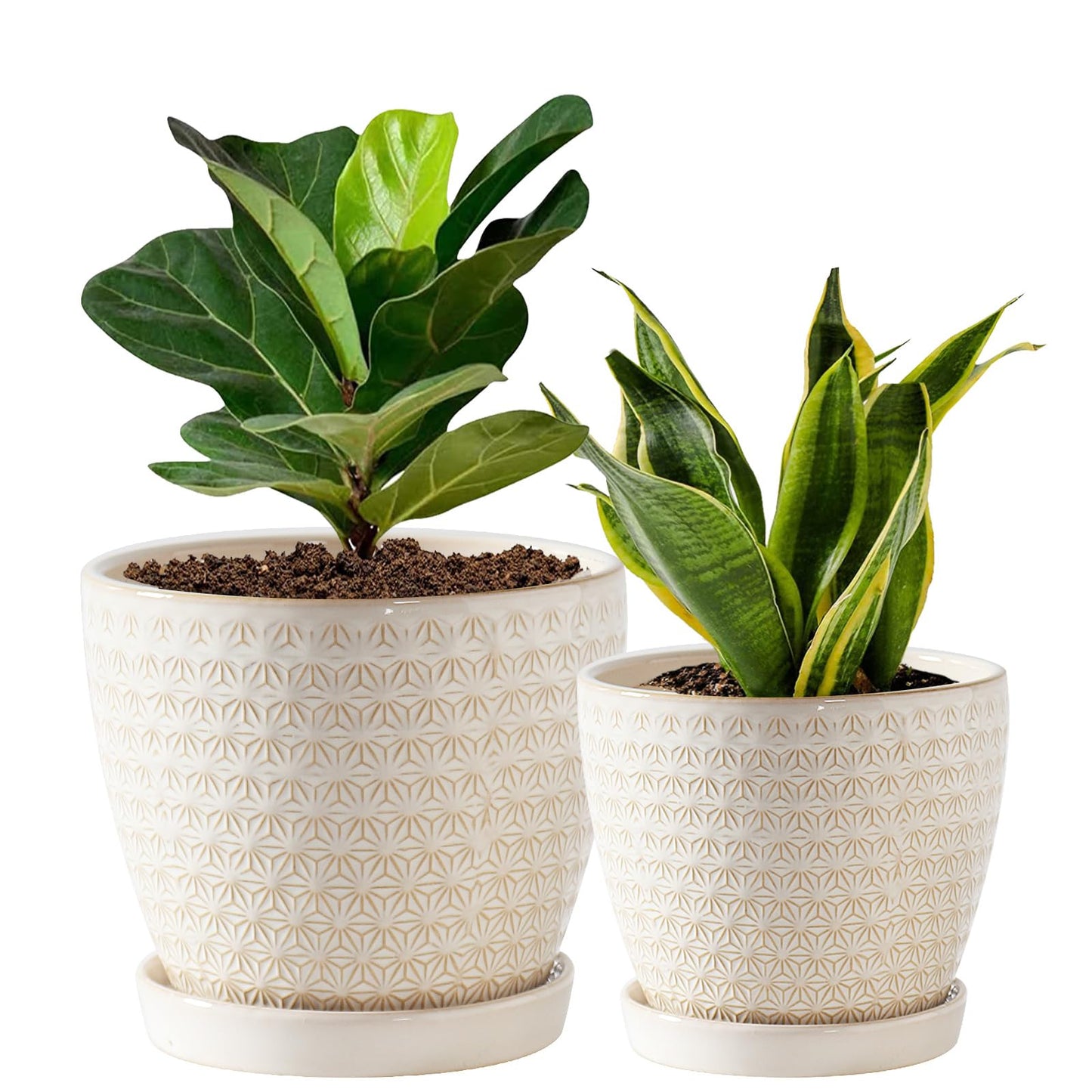 Swkien Plant Pots, Flower Pots, Planters for Indoor Plants(6.5+5.5inch), Flower Pots for Indoor Plant with Drainage Hole and Saucer, Ceramic Pots for Plants with Hole Mesh Pad,Reactive Glaze White