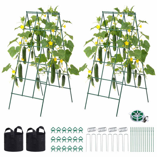 VEVOR Cucumber Trellis, 46" High Foldable A-Frame Garden Trellises for Raised Bed, 4 Panels, Metal Rustproof Outdoor Climbing Plant Support with 2 Plant Bags for Vine, Peas, Beans, Tomato, Flowers