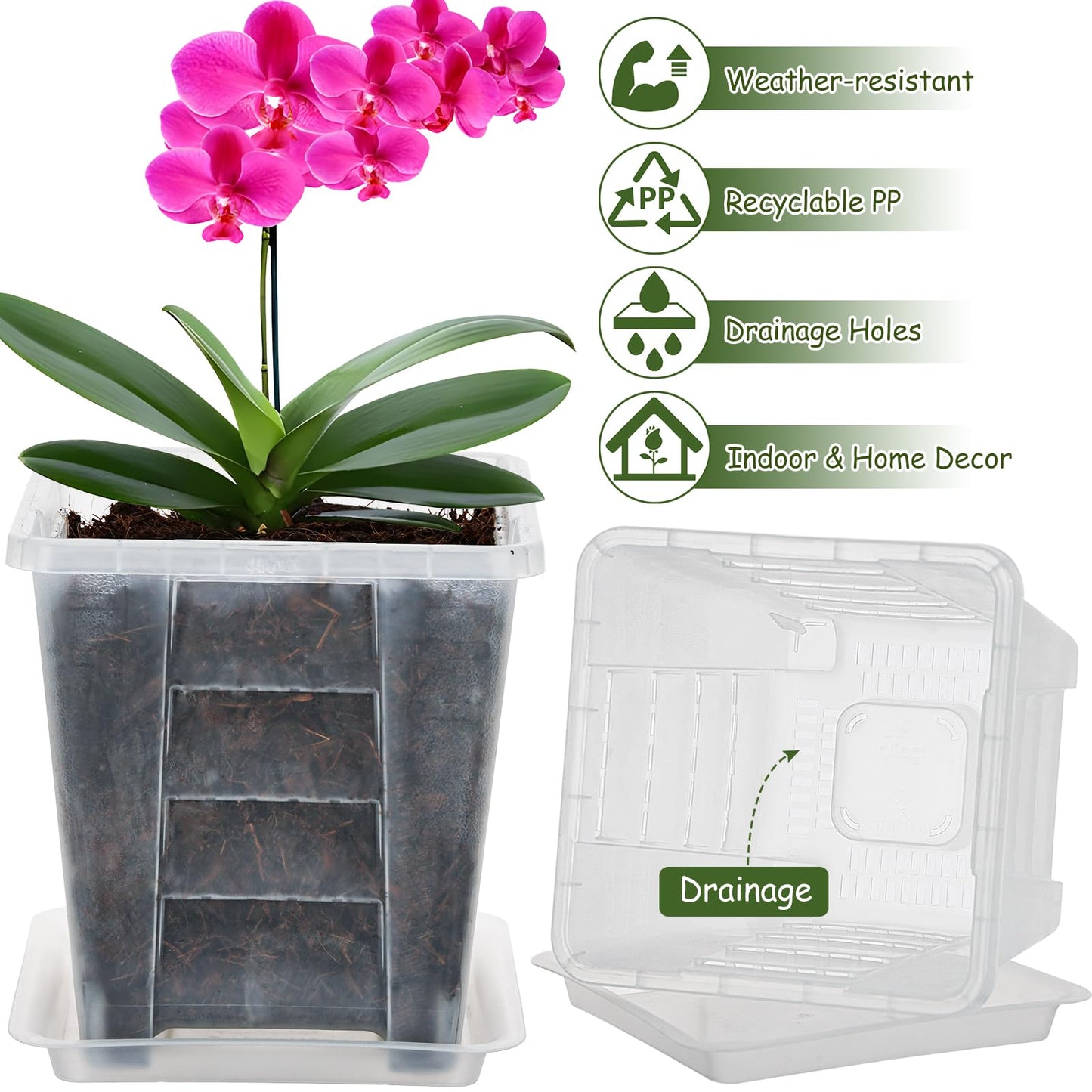KIMERSE Square Orchid Pot, Clear Flower Pot 6 Pack 4 Inch, Root Control Planting Pots with Tray, Plastic Plant Pot for Home Balcony Orchids, Water Moss, Spider Plants