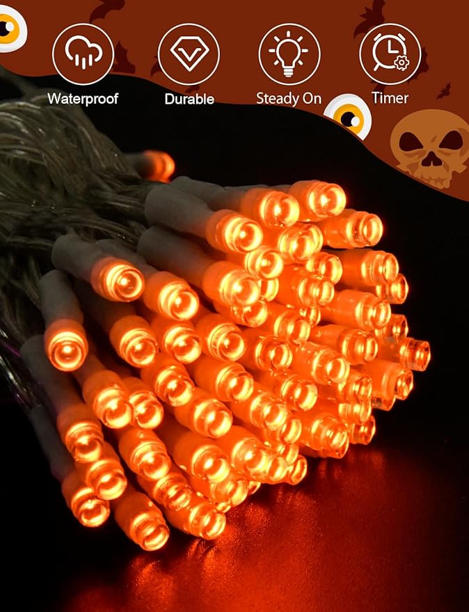 Halloween String Lights Battery Operated with Timer - 9.8ft 30LED Orange Waterproof Lights for Outside Decorations, Party, Yard, Pathway, Indoor and Outdoor 2 Packs