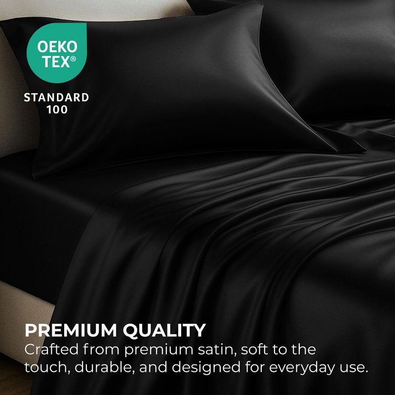 Pure Bedding Satin Sheets Queen [4-Piece, Black] Hotel Luxury Silky Bed Sheets - Extra Soft 1800 Microfiber Sheet Set, Wrinkle, Fade, Deep Pocket Fitted Sheet, Flat Sheet, Pillow Cases