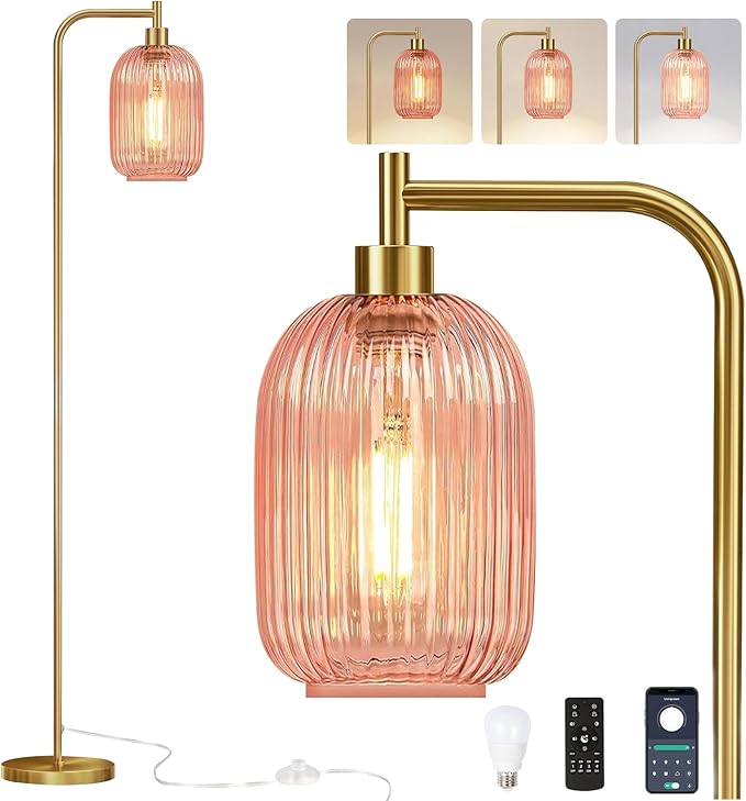 Pink Floor Lamp for Living Room,Bedroom,Gold Dimmable Standing Lamp with Remote,Mid Century Modern Brass Tall Lamp Retro Vintage Glass Lamp Floor Light Boho Bohemian