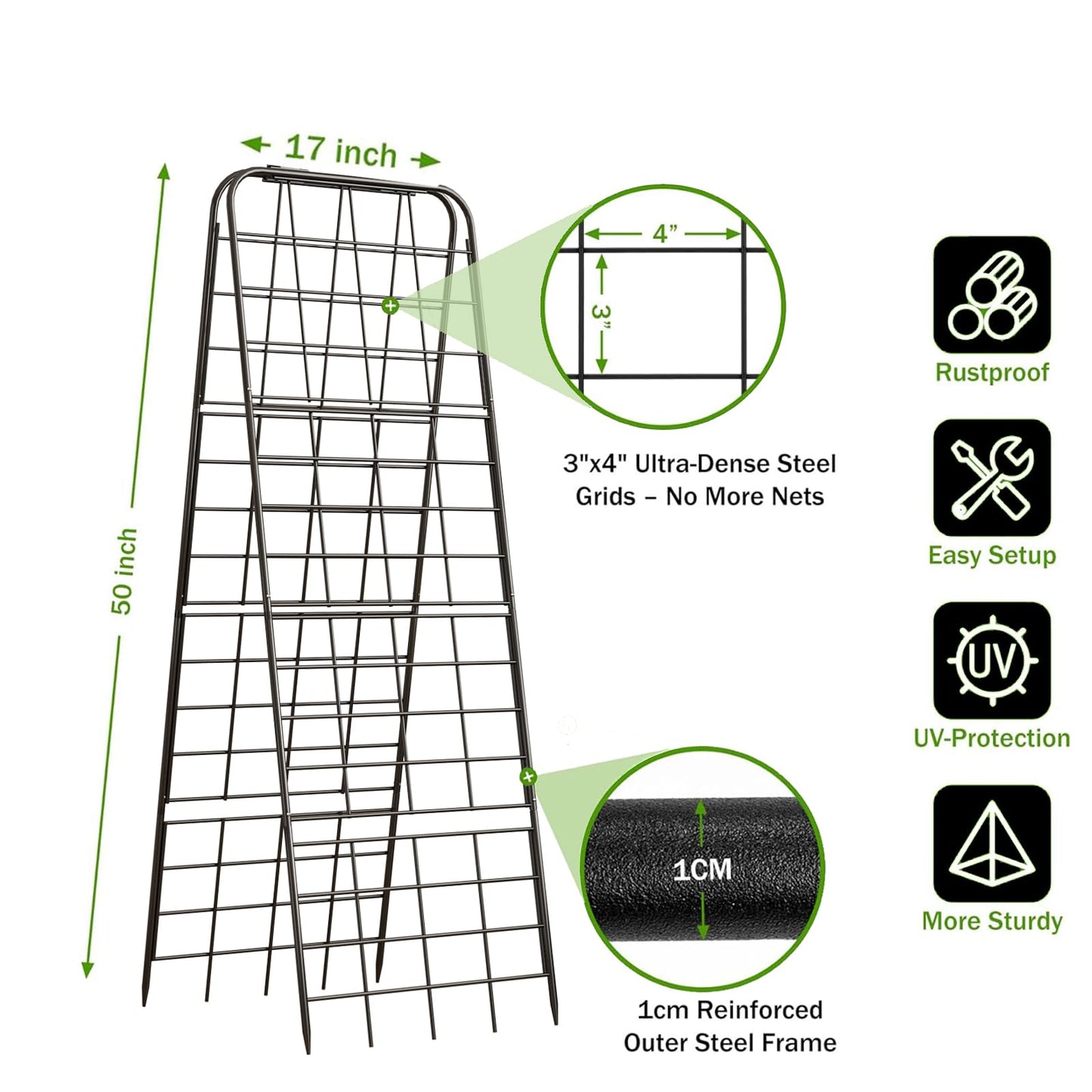 Heavy Duty 50"x17" Adjustable A-Frame Trellis for Climbing Plants – Rust-Proof Metal Garden Trellis with Dense Grid Design, Perfect for Raised Beds, Tomatoes, Cucumbers & Outdoor Vines (Black, 2 Pcs)