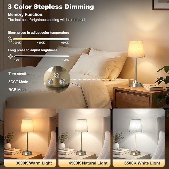Cordless Table Lamp Rechargeable,5000mAh Battery Operated Desk Lamp,3 Colors & 7 RGB Stepless Dimmable,Touch Ambient Light for Bedside,Bedroom,Dining Room,Living Room,Bronze,FlaxenShade