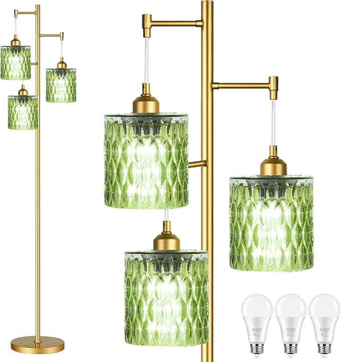 Gold Floor Lamp for Living Room Bedroom,3 Lights Vintage Tree Floor Lamps with Green Glass Shades,Mid Century Modern Floor Lamp for Corner Office,68IN Unique Tall Standing Lamp with Bulbs