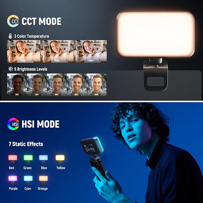 NEEWER Entry Level Version LED RGB Selfie Light, 91 LEDs Plastic Clip on Phone Fill Lighting for iPhone, 20 Effects CRI92 1000mAh, for Computer Webcam Laptop Zoom Video Conference Recording, N6C